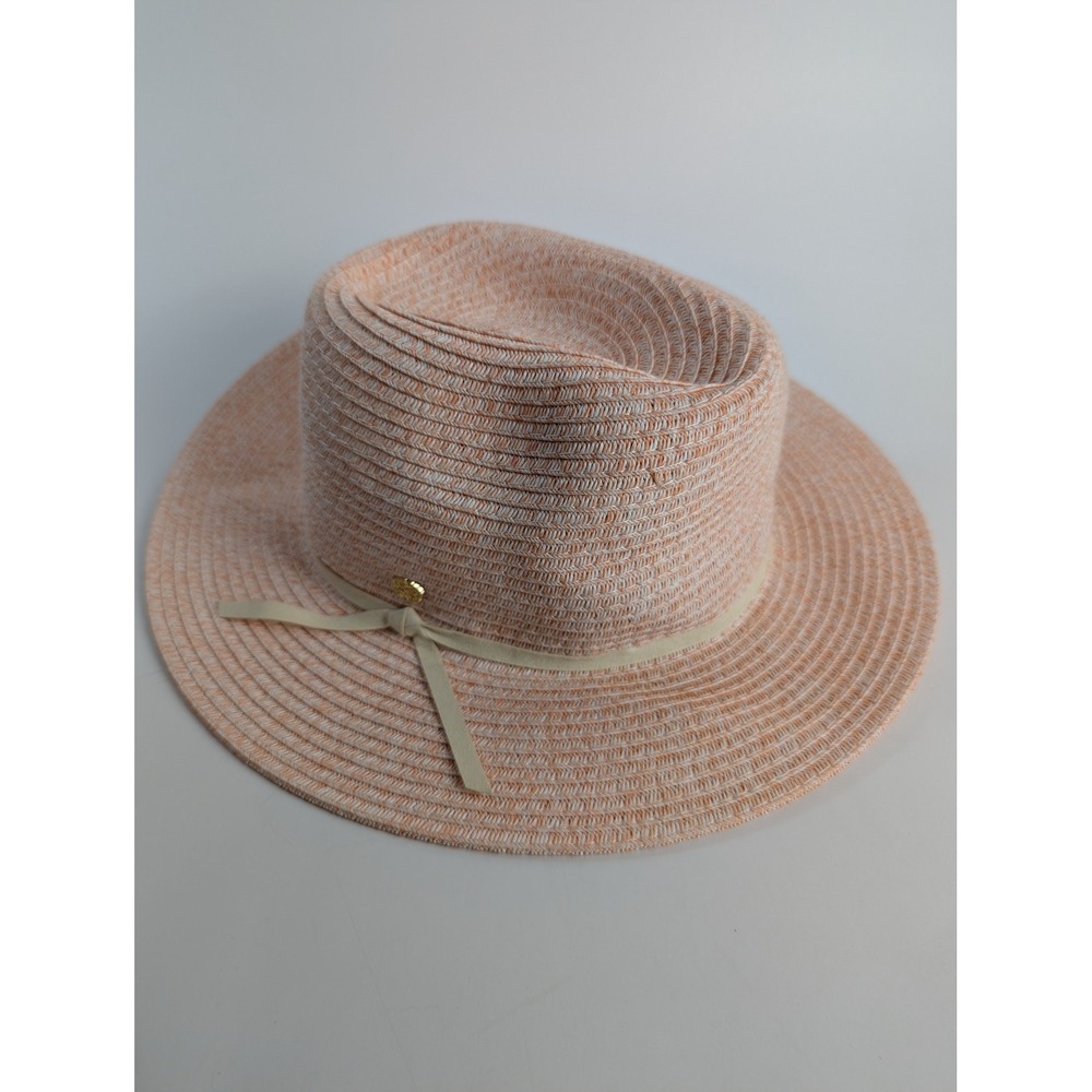 Vince Camuto Womens Straw Fedora Hat Peach White Marl Sun Hat Gold Logo Charm